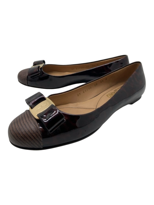 Salvatore Ferragamo Shoe Size 6.5 Brown Print Patent & Leather Bow Cap Toe Flats Brown Print / 6.5