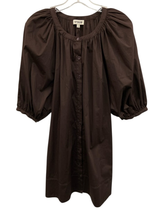 Staud Size S Dark Brown Cotton Blend 1/2 Balloon Sleeve Gathered Neckline Dress Dark Brown / S