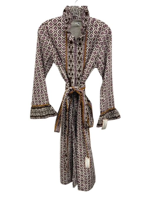 Sue Sartor Size S White & Purple Cotton Button Front Long Balloon Sleeve Dress White & Purple / S