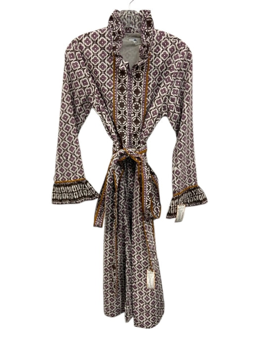 Sue Sartor Size S White & Purple Cotton Button Front Long Balloon Sleeve Dress White & Purple / S