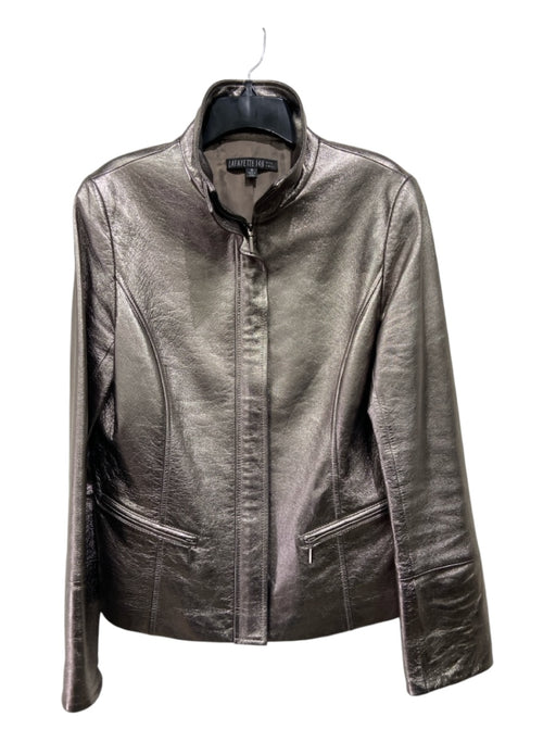 Lafayette 148 Size 10 Pewter Lambskin Zip Metallic Darted Zip Pocket Jacket Pewter / 10