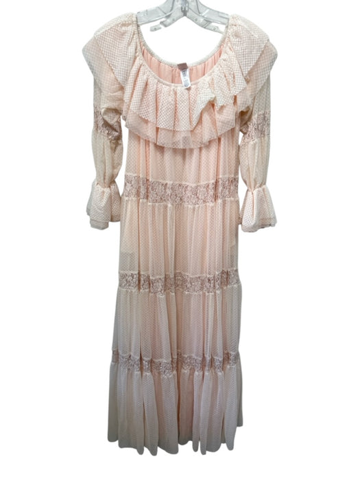 HAH Size M/L Peach Pink Nylon & Spandex Sheer Sleeves Lace Overlay Maxi Dress Peach Pink / M/L
