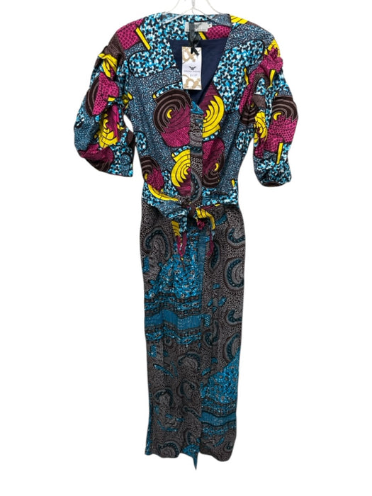 Ohema Ohene Size M Blue, White, Multi Cotton All Over Print Buttons Jumpsuit Blue, White, Multi / M