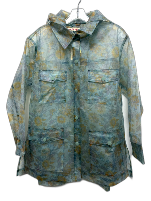Free People Size XS Blue & Yellow Polyurethane Floral Hooded Rain Jacket Blue & Yellow / XS