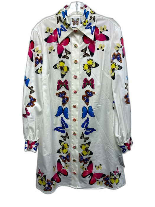 Meghan Fabulous Size M White & Multi Cotton Blend Butterflies Button Down Dress White & Multi / M