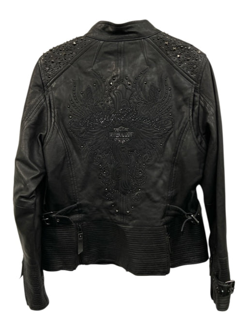 Harley Davidson Size L Black Goat Leather Studded Embroidered Logo Zip Up Jacket Black / L