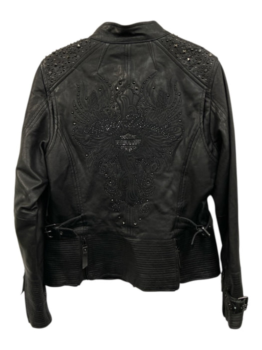 Harley Davidson Size L Black Goat Leather Studded Embroidered Logo Zip Up Jacket Black / L