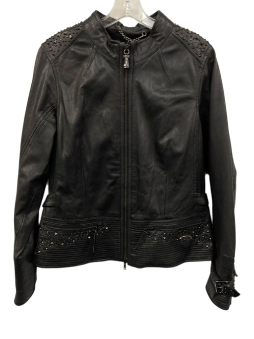 Harley Davidson Size L Black Goat Leather Studded Embroidered Logo Zip Up Jacket Black / L