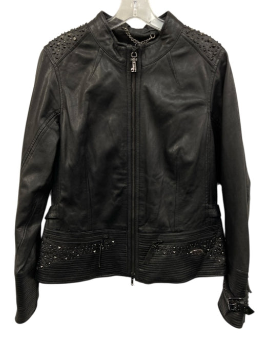 Harley Davidson Size L Black Goat Leather Studded Embroidered Logo Zip Up Jacket Black / L