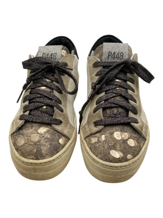 P448 Shoe Size 37 White & Black Leather Low Top lace up Metallic Sneakers White & Black / 37