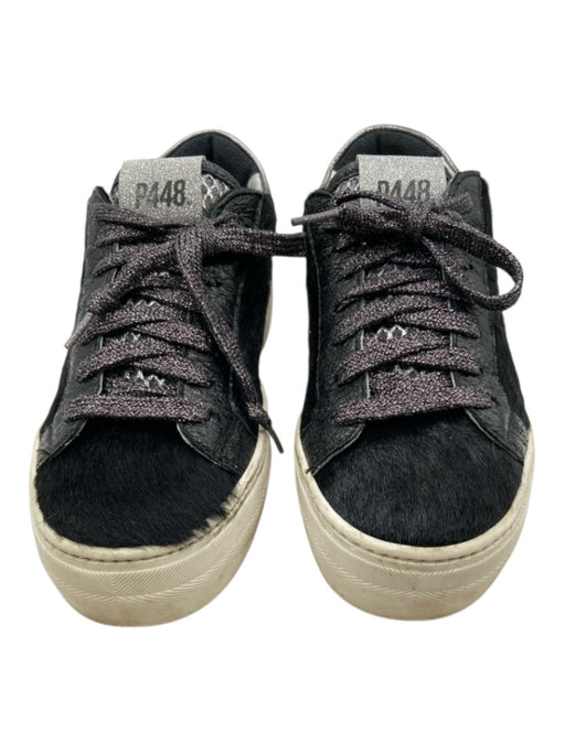 P448 Shoe Size 37 Black & White Leather Low Top lace up Pony Hair Sneakers Black & White / 37