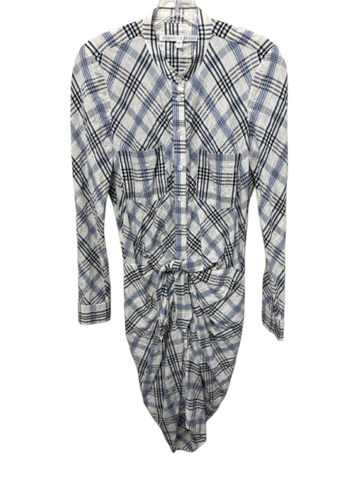Veronica Beard Size 4 White & Blue Cotton Blend Ruched Plaid Above Knee Dress White & Blue / 4