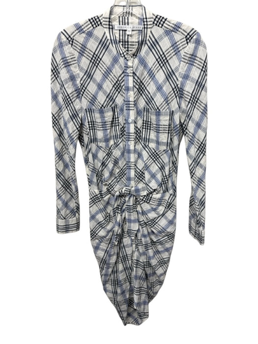Veronica Beard Size 4 White & Blue Cotton Blend Ruched Plaid Above Knee Dress White & Blue / 4