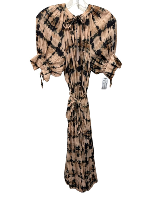Ulla Johnson Size S Brown & Black Cotton Blend Sash Tie Dye Tie V Neck Dress Brown & Black / S