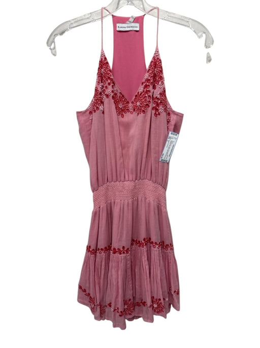 Karina Grimaldi Size S Pink & Red Cotton Embroidered Beaded Smocked Waist Dress Pink & Red / S