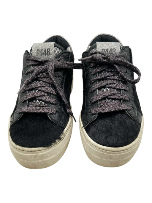 P448 Shoe Size 37 Black & White Leather Low Top lace up Pony Hair Sneakers Black & White / 37