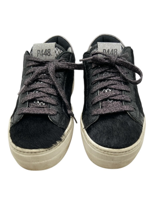 P448 Shoe Size 37 Black & White Leather Low Top lace up Pony Hair Sneakers Black & White / 37