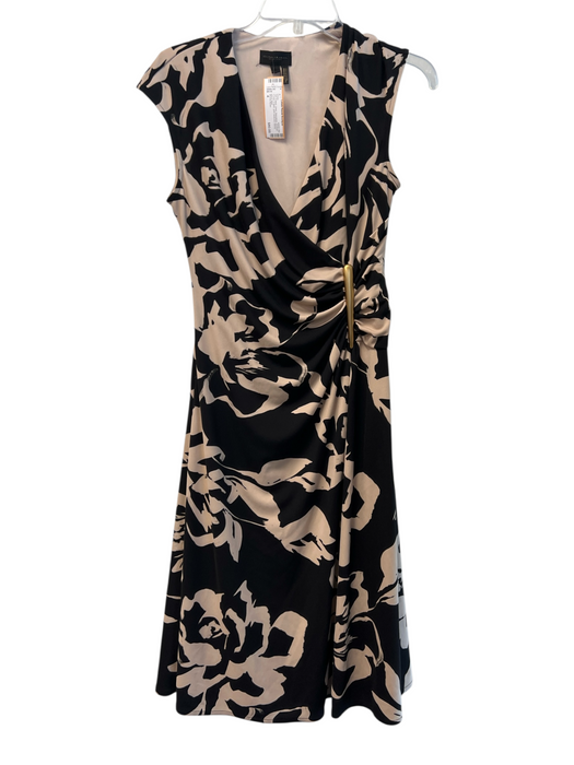 Donna Karan Size 4 Tan & black Lined Sleeveless Abstract FLoral V Neck Dress Tan & black / 4