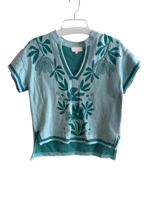 Alivia Size Small Aqua Organic Cotton Short Sleeve Round Split Neck Flowers Top Aqua / Small