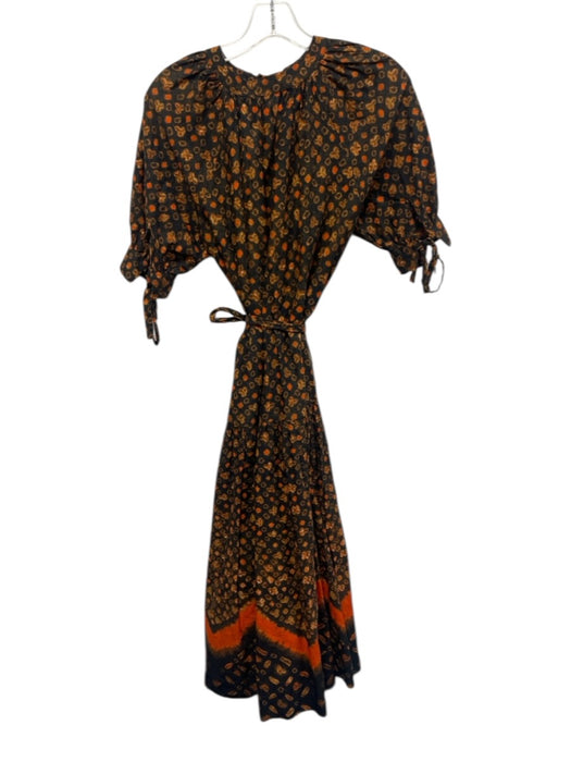 O.P.T. Size XS Black, Brown, Orange Cotton Short Puff Sleeve V Neck Midi Dress Black, Brown, Orange / XS