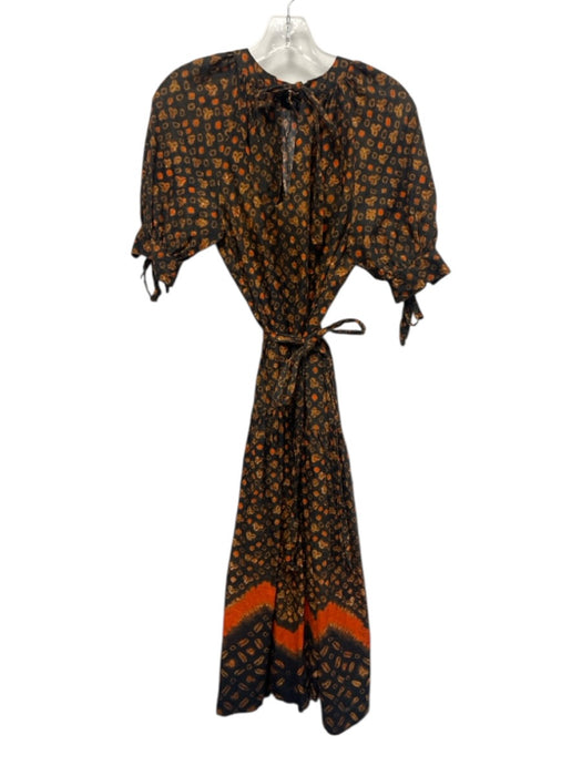 O.P.T. Size XS Black, Brown, Orange Cotton Short Puff Sleeve V Neck Midi Dress Black, Brown, Orange / XS