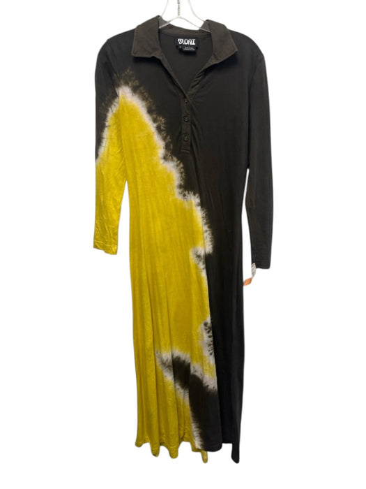 Bloni Size S Brown, White, Yellow Cotton Long Sleeve Tie Dye 1/4 Button Dress Brown, White, Yellow / S