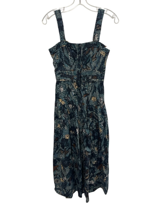 Ulla Johnson Size 2 Navy Blue, Green, Multi Cotton Sleeveless Buttons Midi Dress Navy Blue, Green, Multi / 2