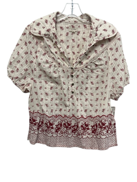 Pilcro Size S White & Red Cotton Short Sleeve Floral Print 1/4 Button Collar Top White & Red / S