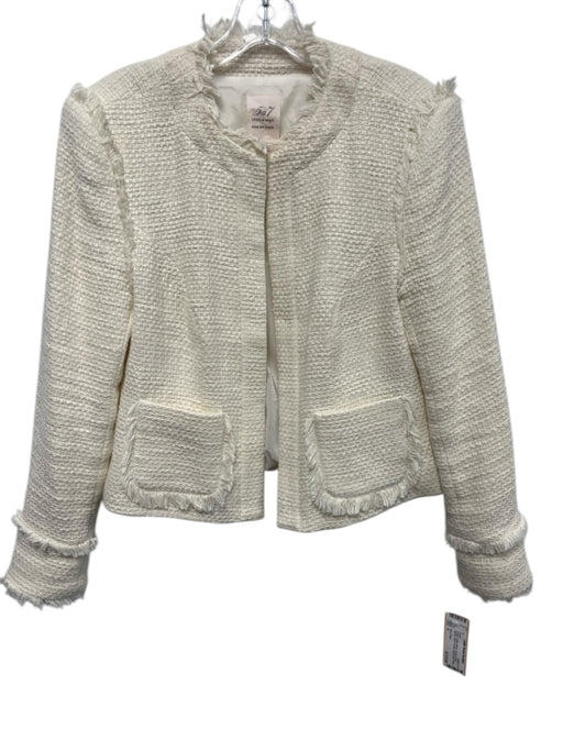 Cinq a Sept Size 4 Cream Cotton Blend Tweed Fringe Edging Patch Pocket Jacket Cream / 4