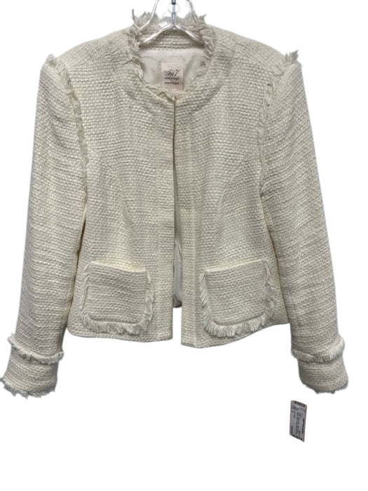Cinq a Sept Size 4 Cream Cotton Blend Tweed Fringe Edging Patch Pocket Jacket Cream / 4