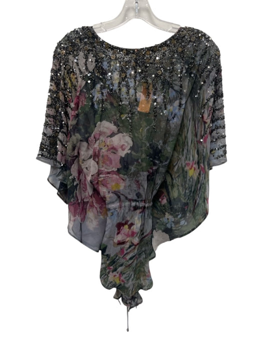 Haute Hippie Size XS Gray, Blue & Multi Silk V Neck Floral Sheer Top Gray, Blue & Multi / XS