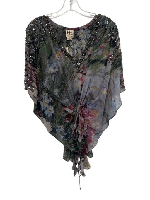Haute Hippie Size XS Gray, Blue & Multi Silk V Neck Floral Sheer Top Gray, Blue & Multi / XS