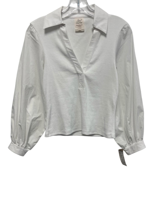 Cinq a Sept Size XS White Cotton Long Balloon Sleeve Ribbed Bodice V Neck Top White / XS