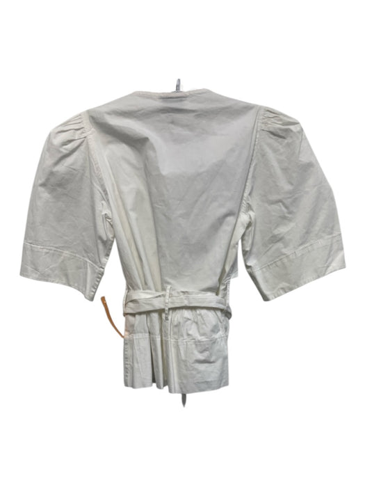 Ganni Size 32 / XS White Cotton V Neck Tie Peplum 1/2 Balloon Sleeve Top White / 32 / XS