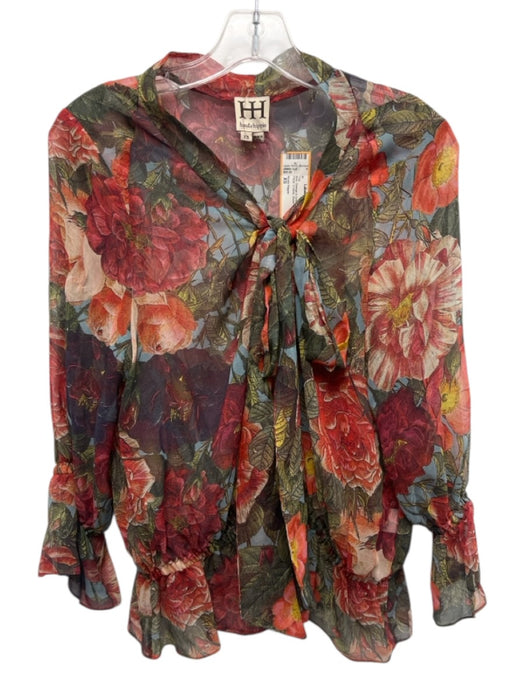 Haute Hippie Size XS Red, Orange & Green Silk Long Sleeve Floral V Neck Top Red, Orange & Green / XS