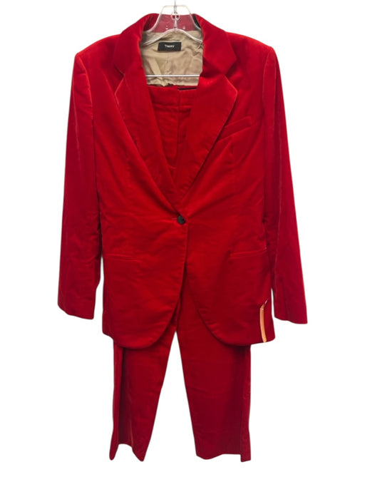 Theory Size 6 Red Cotton Blend Velvet Blazer Mid Rise Trouser Pant Set Red / 6