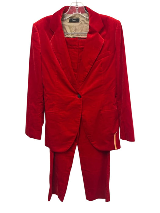 Theory Size 6 Red Cotton Blend Velvet Blazer Mid Rise Trouser Pant Set Red / 6