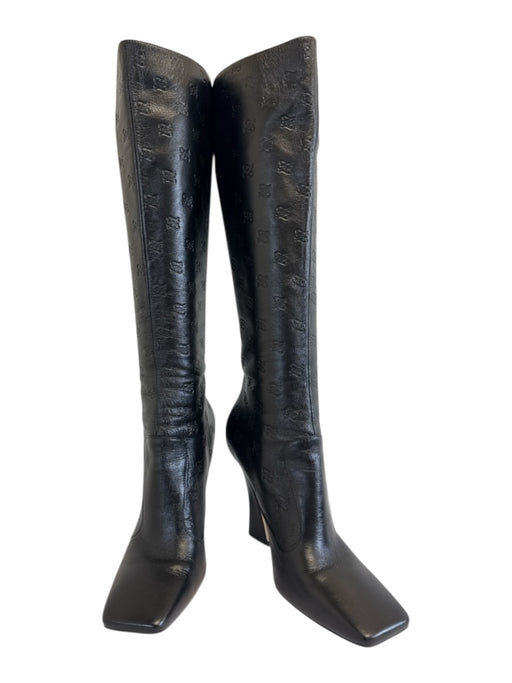 Fendi Shoe Size 36.5 Black Leather Square Toe Logo Embossed Knee High Boots Black / 36.5
