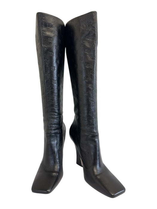 Fendi Shoe Size 36.5 Black Leather Square Toe Logo Embossed Knee High Boots Black / 36.5