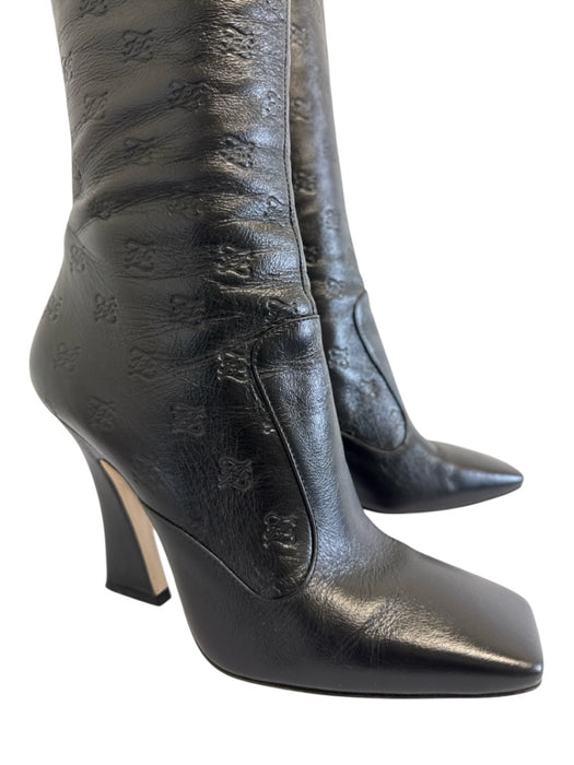 Fendi Shoe Size 36.5 Black Leather Square Toe Logo Embossed Knee High Boots Black / 36.5