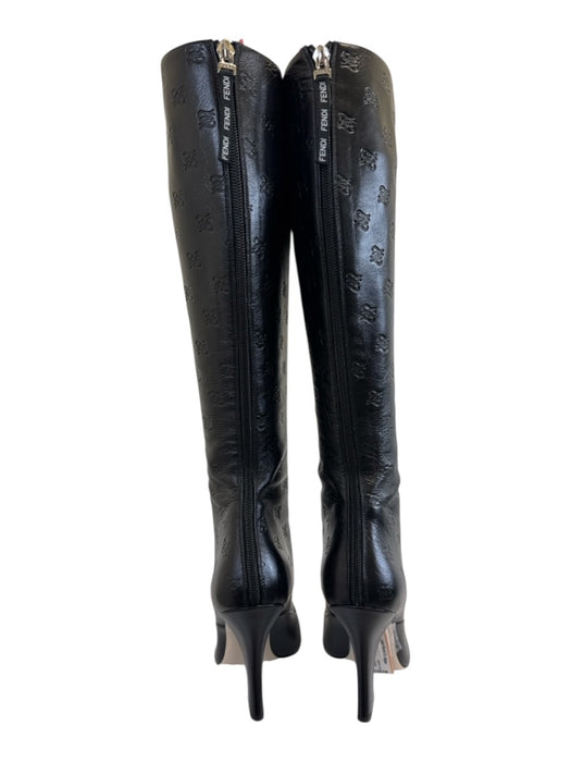 Fendi Shoe Size 36.5 Black Leather Square Toe Logo Embossed Knee High Boots Black / 36.5