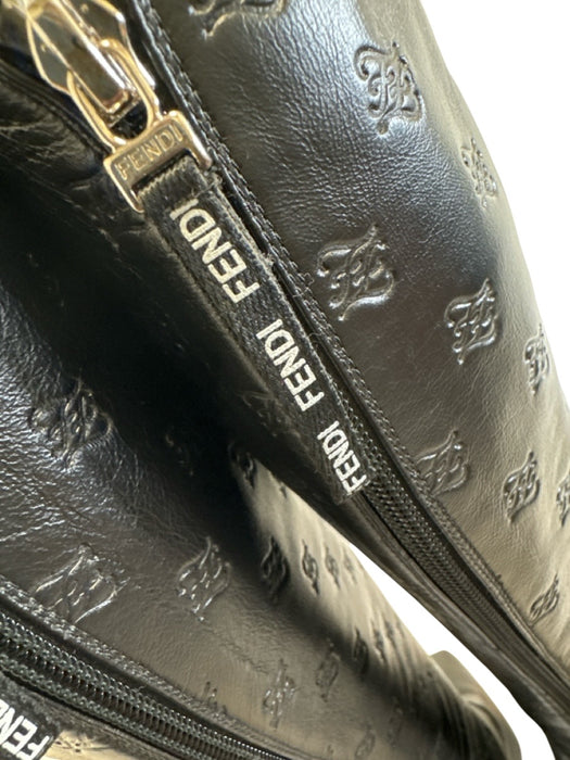 Fendi Shoe Size 36.5 Black Leather Square Toe Logo Embossed Knee High Boots Black / 36.5