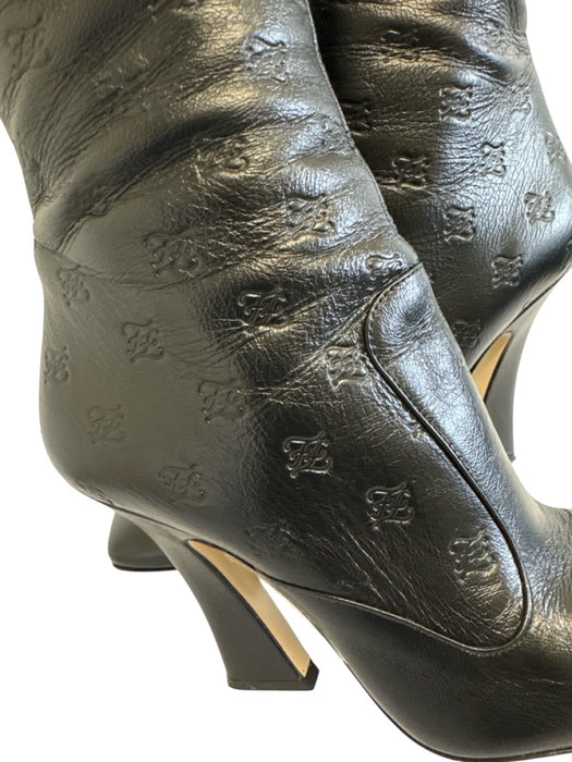 Fendi Shoe Size 36.5 Black Leather Square Toe Logo Embossed Knee High Boots Black / 36.5
