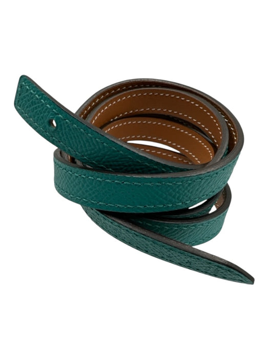 Hermes Teal & Brown Leather Silver Hardware Logo Peg Clasp Thin Belts Teal & Brown / 90