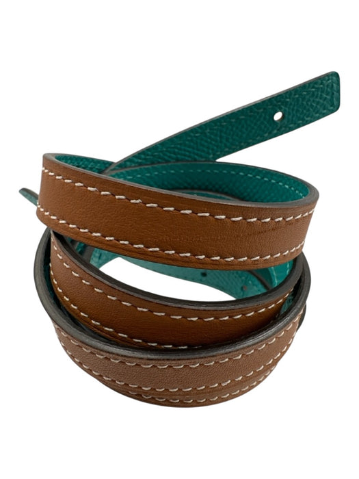 Hermes Teal & Brown Leather Silver Hardware Logo Peg Clasp Thin Belts Teal & Brown / 90