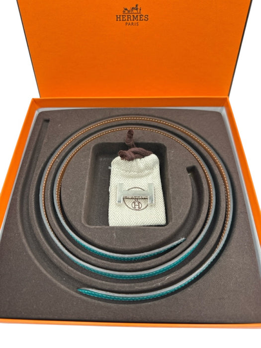 Hermes Teal & Brown Leather Silver Hardware Logo Peg Clasp Thin Belts Teal & Brown / 90