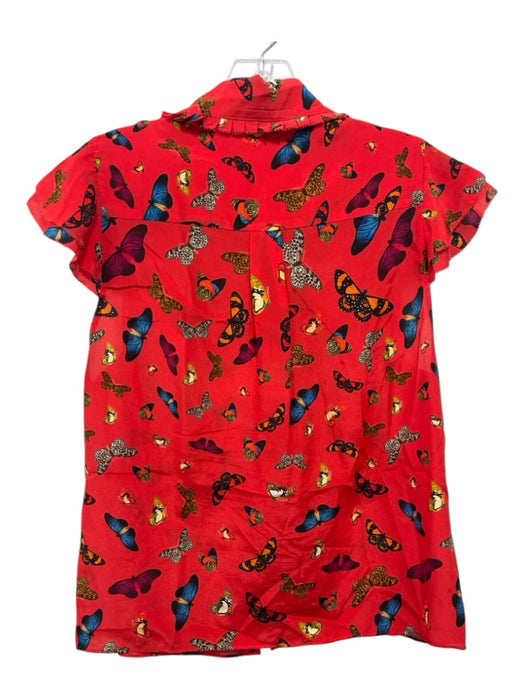 Alice + Olivia Size S Red Silk Button Butterflies Ruffle Cap Sleeve Collar Top Red / S