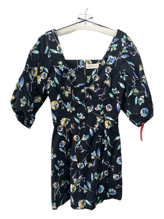 Nicholas Size 2 Black, Blue, Yellow Cotton Short Sleeve Floral Back Zip Dress Black, Blue, Yellow / 2