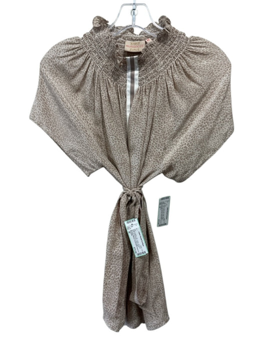 Rungolee Size M Beige & White Silk Crepe Smocked Neck Short Sleeve Top Beige & White / M