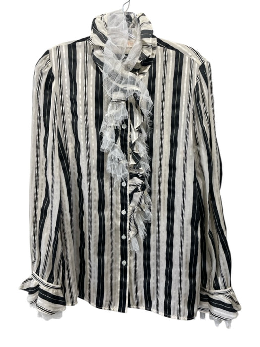 Tory Burch Size 8 Cream White & Black Silk Blend Striped Ruffle Detail Top Cream White & Black / 8